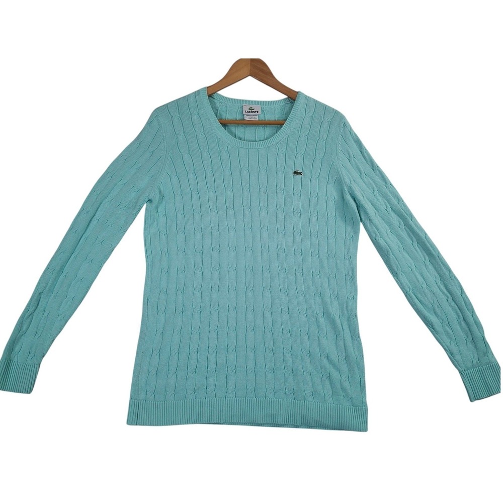 Lacoste Cable Knit Sweater Women's 44 Mint Green Cotton Crew Neck Logo